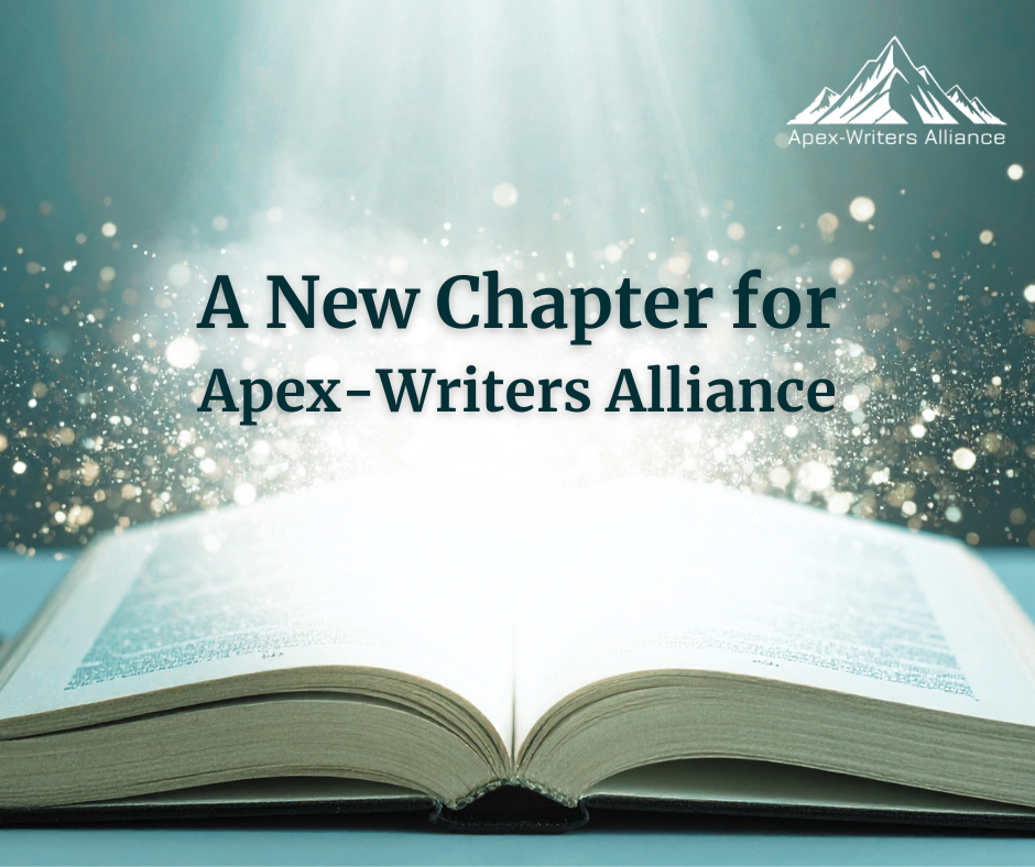 Open book glowing with light and sparkling particles, overlaid with the words “A New Chapter for Apex-Writers Alliance.”